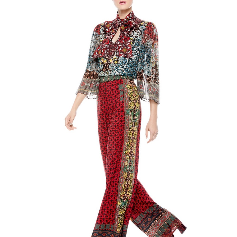 Alice + Olivia Elaine Bohemian Print Blouse with Scarf Neck & Pleated Sleeves